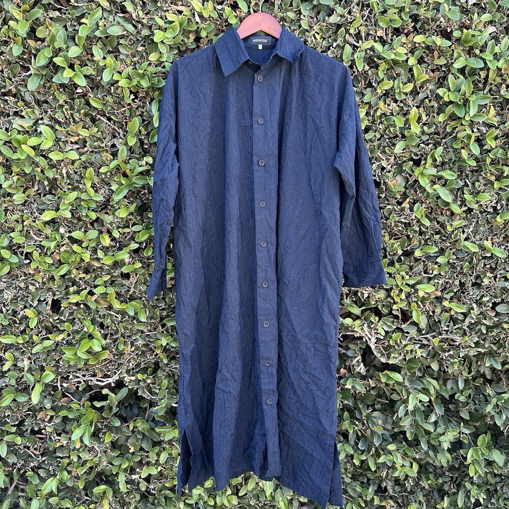 Eskandar Maxi Shirt Dress 0 Blue Stripe Button Up Contemporary Designer Luxury